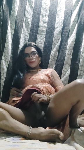 Desi Indian Shemale Cumming in Traditional Lehanga and Eating Her Own Cum