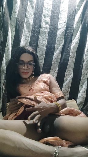 Desi Indian Shemale Cumming in Traditional Lehanga and Eating Her Own Cum
