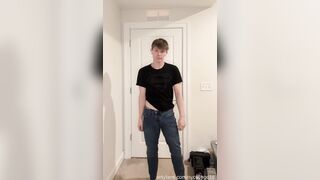 Suspended Light-haired School Jock Undresses in front of Camera