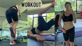 Workout in a hotel’s public gym in sport bra and tight shorts