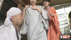 Two hot Asian girls invite guy for a wild hairy kitty threesome