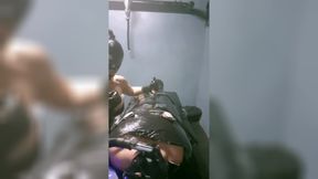 The Slave Suffers with a Breathing Mask During Hard Dilation.