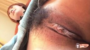 Redhead asian Marina Igawa in maid costume gets her hairy pussy fucked and cumshot in