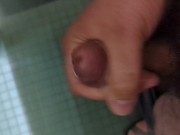 Hung bear jerks off in university restroom stall, blows big sticky load on the wall