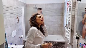 Effe Italian Girl Gives a Clothed Blowjob in the Tub After She Squirted in His Mouth and Face!