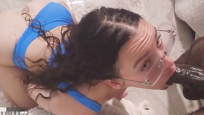 Brunette hottie with glasses gets her tight pussy destroyed by a hung stud while on stairwell