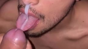 final hard thrusts before flooding his throat completely