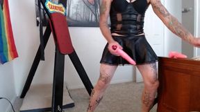 Tattooed Tranny Skirt Slut Rides Heavy Bag Dildo Gushes Cum