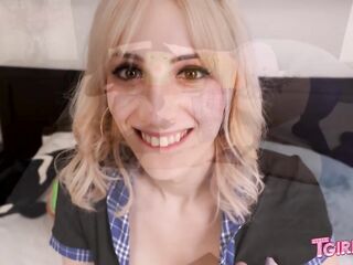 TGIRLS.XXX Golden-haired Trans Woman with Pigtails Masturbates with Blue Sex-toy on Daybed
