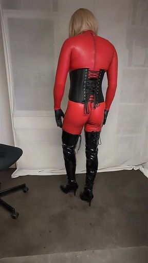 Red Latex Catsuit, Blonde in Overknees, Dressing and Readying for Session, Gagged, Cuffed
