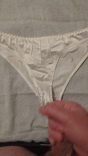 Wearing, Wanking and Cumming in Wife's Worn Satin Panties