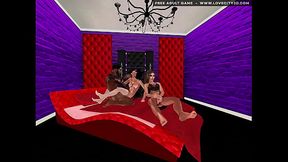 Gangbang 2 sexy girls and a guy having fun on a red sofa in 3d game - www.lovecity3d.com