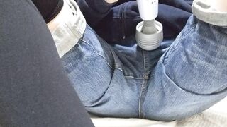 Horny guy's daughter-in-law gets wet and wild with a vibrator while peeing in denim shorts