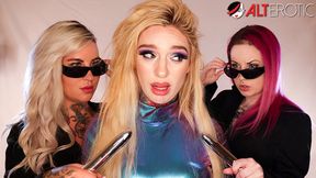 Three inked vixens lick and play with toys