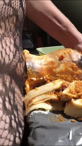 large ejaculation after fucking food (lasagna)   Clip 1