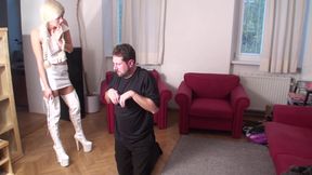 Blonde whipping an obedient slave