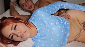 Right before going to bed, the guy lies down with the redhead to cum inside of her.