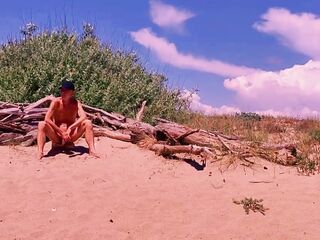 undressed pathetic white serf uninhibited masturbate his uncut shlong at the homo beach, CMNM