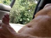 Naked hairy ginger playing with dick while a guy watches and a guy passes on a motorcycle