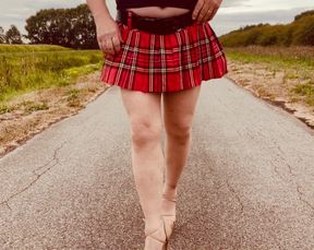 Crossdresser husband exhib out in the country after long day at work.