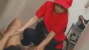 Naughty Surprise! Shocked Shy Delivery girl finds naked boy on delivery place.