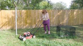 Nurse Vicki Mowing Grass dressed then topless