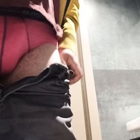 Pissing in a public toilet, uncutted cock.