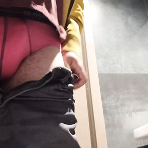 Pissing in a public toilet, uncutted cock.