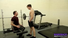 Tattooed hunk fucking this skinny dude in the ass at the gym