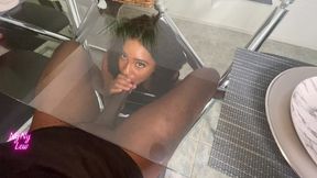 ny ny lew gives thick dick a blow job under the dinner table