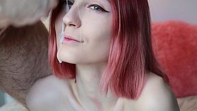 Redhead enjoys hot sperm on her face