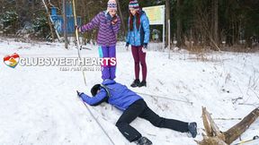 Teen babes get sloppy in sex party on icy rails