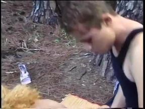 Blonde shemale Jaqueline get her Brazilian butt smashed with hard dong of her friend in the wood