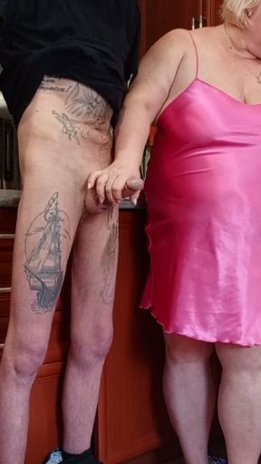 a friend in the kitchen sucks a dick, jerks it off and watches the sperm   Clip 3