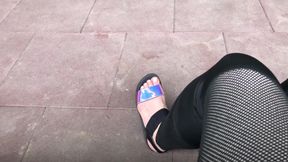 My new shiny sandals and toes tease outdoor