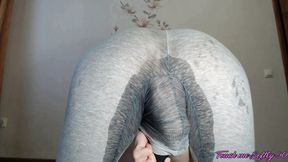 Teen Has Multiple Squirts in Grey Leggings