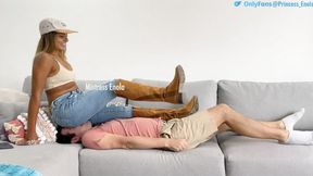 ENOLA - FACE SITTING PANICKING - Using jeans controlling his breath and kicking his balls with my boots ( 720HD)