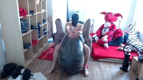 Cumming on the huge inflatable Raptor