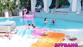 Lesbian pool threesome with horny petite teen sluts