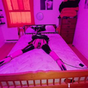 Sissy Maid in Armbinder and Ankle Cuffed to bed in Chastity