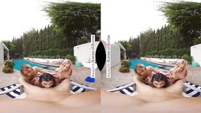 Blonde bombshell deepthroats and gets fucked doggy in a foursome
