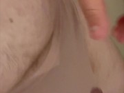 Chubby sissy cross-dresser pissing in wife’s panties