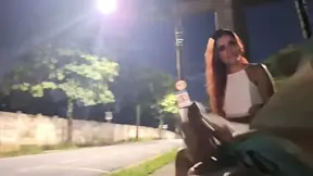 Public bus stop masturbation with hot girl