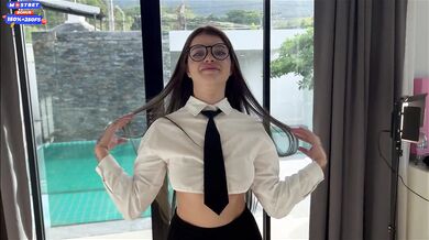 Slick sloppy blowjobs during No Nut November with tiny glasses glinting through big fat cock thrusts