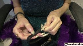 Sharp nails scratching leather bag