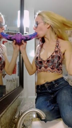 Dildo sucking on mirror in Jeans and Bright Bralette