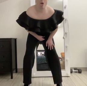 Evening ruffle jumpsuit on tranny sissy boy ready for night