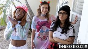 Teen besties get their pussies smashed in group sex fun