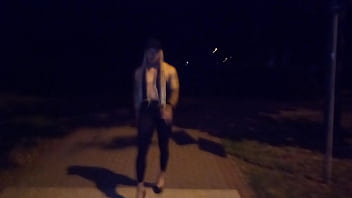 Tranny AnielskaDzika walks she walks down the street at night