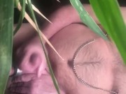 Big ball daddy jerks off with Cock ring and nipple clamps
